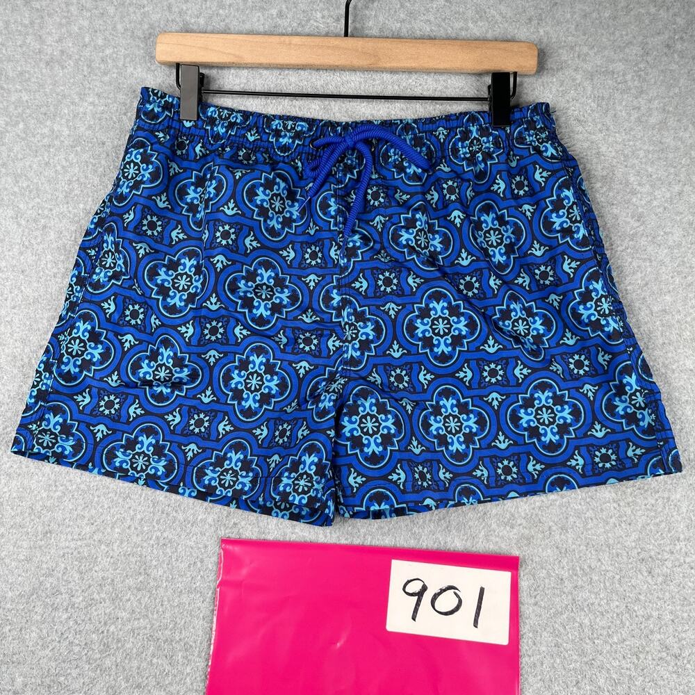 Speedy Shark Swim Trunks Mens Large Blue Geometric Lined Pockets Drawstring